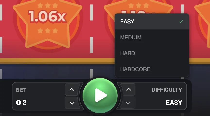 Chicken Road Vegas difficulty selection screen showing Easy mode with 30 road lines, Medium with 25 lines, Hard with 22 lines, and Hardcore with 18 lines